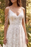 Ivory Floral A Line Cold Shoulder Long Wedding Dress