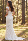 Mermaid Ivory Floral Square Neck Long Wedding Dress with Slit