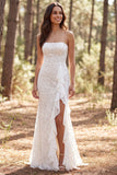 Strapless Ivory Lace Mermaid Wedding Dress with Ruffled Slit