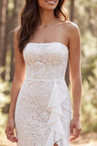 Strapless Ivory Lace Mermaid Wedding Dress with Ruffled Slit
