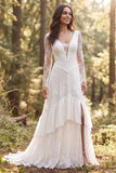 Ivory A Line V Neck Ruffled Long Sleeve Wedding Dress with Slit
