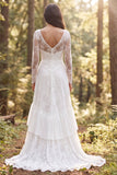 Ivory A Line V Neck Ruffled Long Sleeve Wedding Dress with Slit