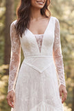 Ivory A Line V Neck Ruffled Long Sleeve Wedding Dress with Slit