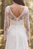 Ivory A Line V Neck Ruffled Long Sleeve Wedding Dress with Slit