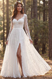 Long Sleeve Lace Ivory A Line Wedding Dress with Slit