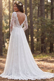 Long Sleeve Lace Ivory A Line Wedding Dress with Slit