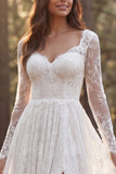 Long Sleeve Lace Ivory A Line Wedding Dress with Slit