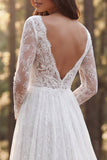 Long Sleeve Lace Ivory A Line Wedding Dress with Slit