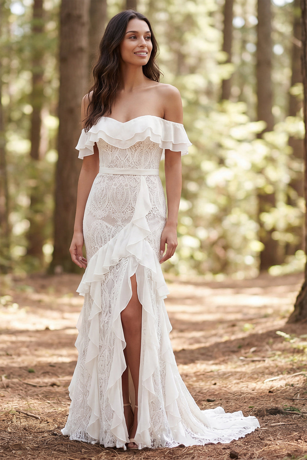 Wedtrend Women Boho Ivory Lace Wedding Dress Mermaid Off the Shoulder Bridal Dress with Ruffle Slit, Ivory / US26W