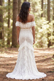 Boho Off the Shoulder Ivory Mermaid Lace Wedding Dress with Ruffle Slit