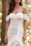 Boho Off the Shoulder Ivory Mermaid Lace Wedding Dress with Ruffle Slit