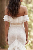 Boho Off the Shoulder Ivory Mermaid Lace Wedding Dress with Ruffle Slit