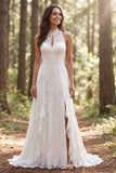 Halter Ivory Lace Ruffle A Line Wedding Dress with Slit