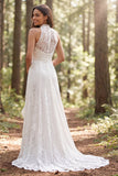 Halter Ivory Lace Ruffle A Line Wedding Dress with Slit