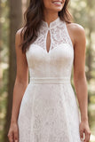 Halter Ivory Lace Ruffle A Line Wedding Dress with Slit