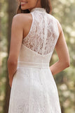 Halter Ivory Lace Ruffle A Line Wedding Dress with Slit