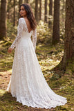 Retro Ivory Lace A Line Long Sleeve Wedding Dress with Slit
