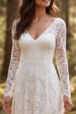 Retro Ivory Lace A Line Long Sleeve Wedding Dress with Slit
