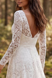 Retro Ivory Lace A Line Long Sleeve Wedding Dress with Slit