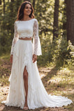 Ivory 2 Piece Ruffle A Line Lace Bateau Neck Long Sleeve Wedding Dress with Slit