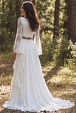 Ivory 2 Piece Ruffle A Line Lace Bateau Neck Long Sleeve Wedding Dress with Slit