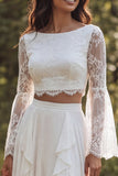 Ivory 2 Piece Ruffle A Line Lace Bateau Neck Long Sleeve Wedding Dress with Slit