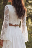 Ivory 2 Piece Ruffle A Line Lace Bateau Neck Long Sleeve Wedding Dress with Slit