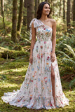 One Shoulder Ivory Floral Embroidered A Line Long Wedding Dress with Slit
