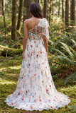 One Shoulder Ivory Floral Embroidered A Line Long Wedding Dress with Slit