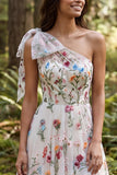 One Shoulder Ivory Floral Embroidered A Line Long Wedding Dress with Slit