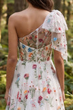 One Shoulder Ivory Floral Embroidered A Line Long Wedding Dress with Slit