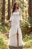 Ivory Lace Ruffle A Line 3/4 Sleeve Long Wedding Dress with Slit