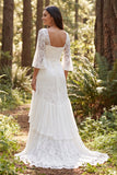 Ivory Lace Ruffle A Line 3/4 Sleeve Long Wedding Dress with Slit