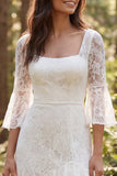 Ivory Lace Ruffle A Line 3/4 Sleeve Long Wedding Dress with Slit