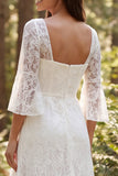 Ivory Lace Ruffle A Line 3/4 Sleeve Long Wedding Dress with Slit
