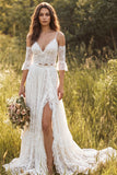 Ivory A Line Spaghetti Straps 2 Piece Lace Wedding Dress with Slit