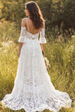Ivory A Line Spaghetti Straps 2 Piece Lace Wedding Dress with Slit