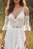 Ivory A Line Spaghetti Straps 2 Piece Lace Wedding Dress with Slit
