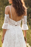 Ivory A Line Spaghetti Straps 2 Piece Lace Wedding Dress with Slit