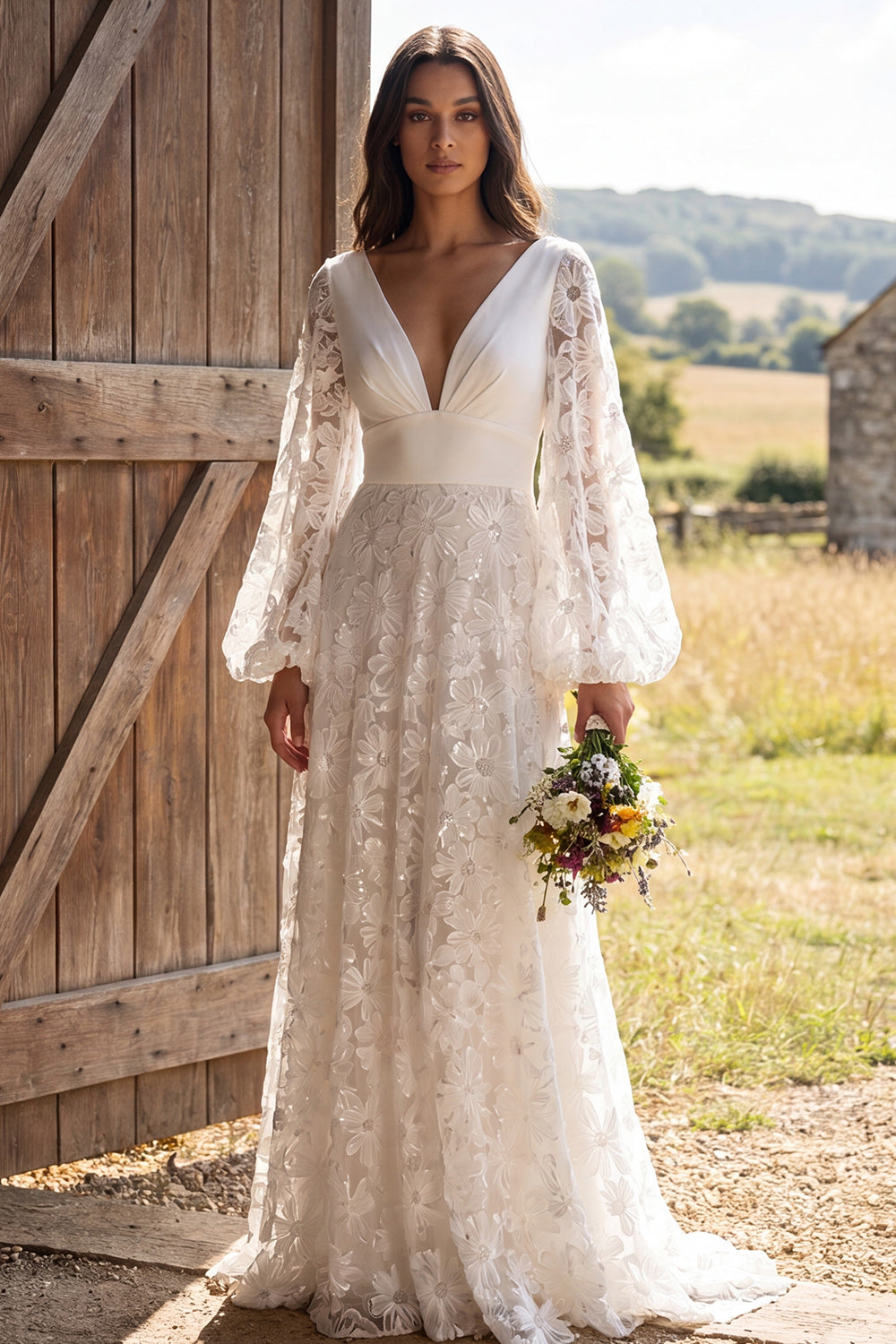 Wedtrend Women Modest Ivory Wedding Dress with Long Sleeves A Line V Neck Floral Bridal Dress, Ivory / US24W