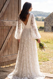 Modest A Line Ivory Floral V Neck Long Sleeve Wedding Dress