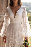 Modest A Line Ivory Floral V Neck Long Sleeve Wedding Dress