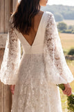 Modest A Line Ivory Floral V Neck Long Sleeve Wedding Dress