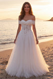 Off the Shoulder Ivory A Line Tulle Corset Wedding Dress
