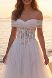 Off the Shoulder Ivory A Line Tulle Corset Wedding Dress
