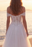 Off the Shoulder Ivory A Line Tulle Corset Wedding Dress