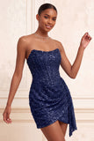 Sparkly Navy Strapless Bodycon Corset Short Homecoming Dress with Sash