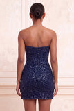 Sparkly Navy Strapless Bodycon Corset Short Homecoming Dress with Sash