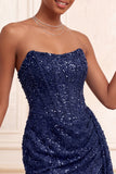 Sparkly Navy Strapless Bodycon Corset Short Homecoming Dress with Sash