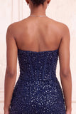 Sparkly Navy Strapless Bodycon Corset Short Homecoming Dress with Sash